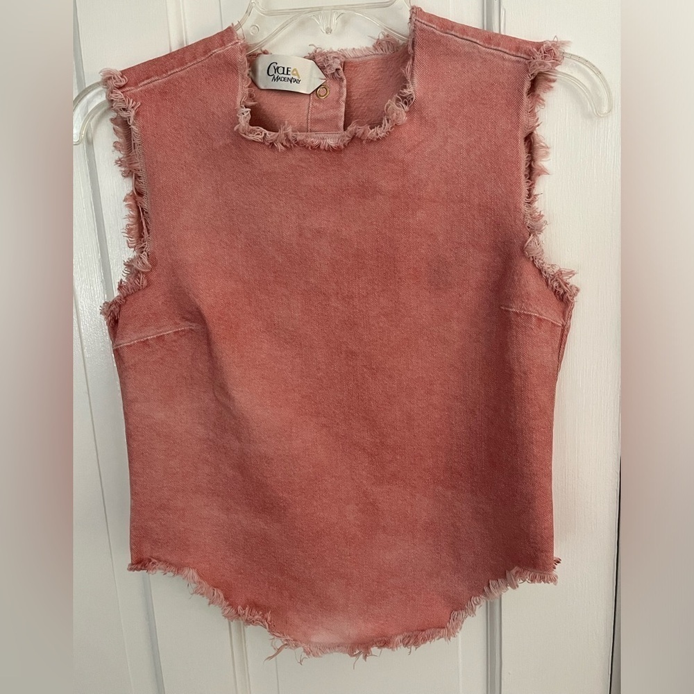 CYCLE Made In Italy Distressed Denim Sleeveless Top Raw Pearl Snap Back S Grunge